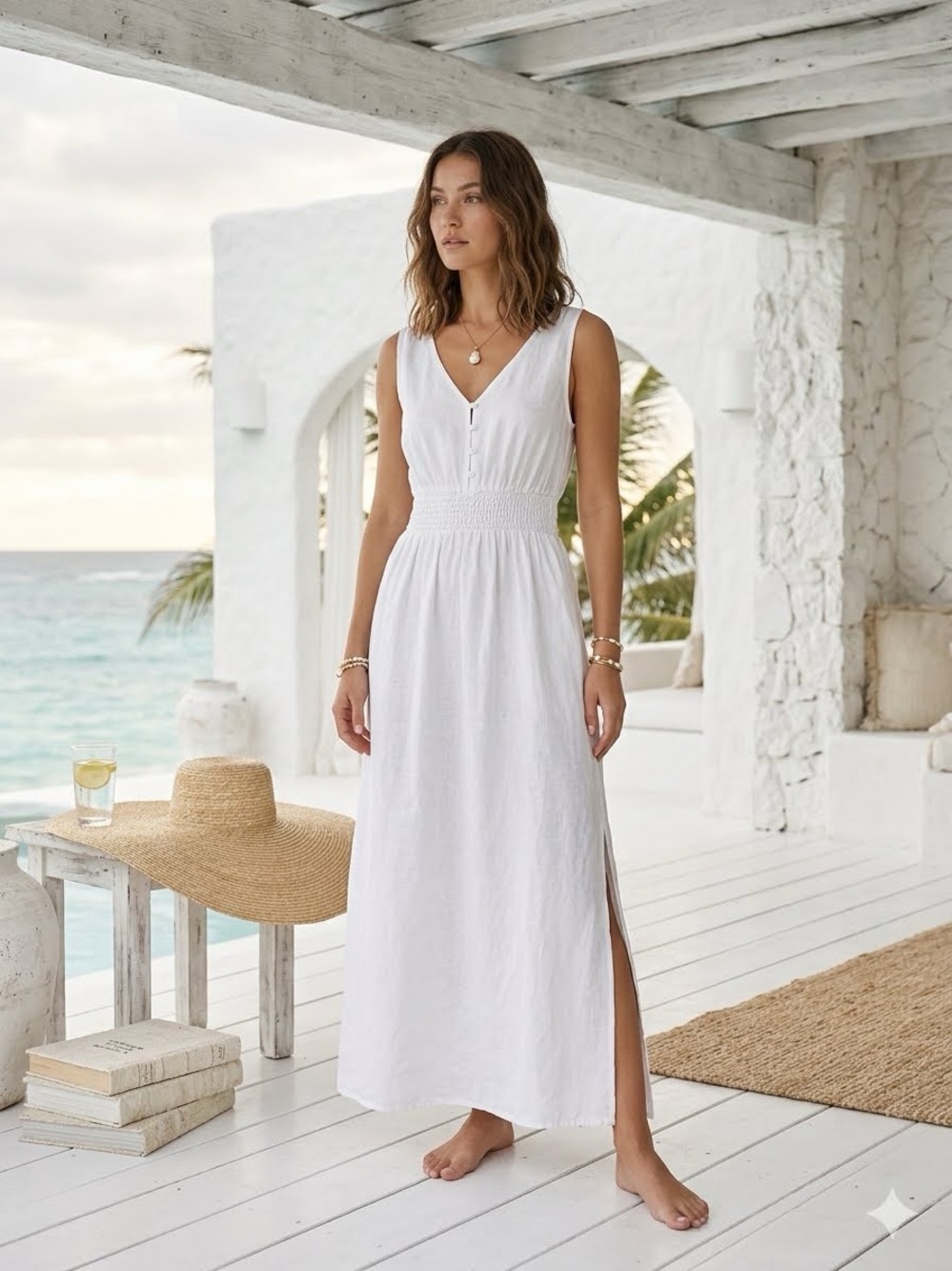 Terzo Millennio White Linen Smocked Maxi Dress Size S Resort Cottagecore Italy